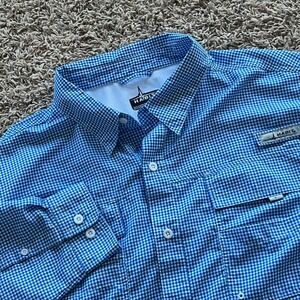 Habit Mens 2XL Marlin Blue Checkered Fishing Button‎ Up Shirt Long Sleeve